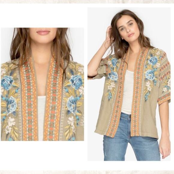 Johnny Was Tan Floral Kimono Jacket with Ornate Trim - Picture 3 of 13